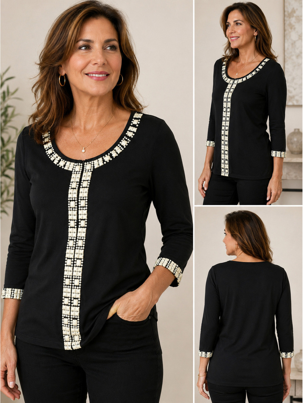Chico's Size 3 Black Silk Blend Long Sleeve Top with White Beaded Trim